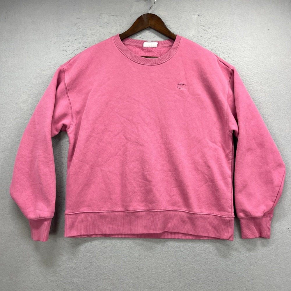 Champion Sweatshirt Womens Medium Pink Crewneck Pullover Fleece Logo Basic Soft